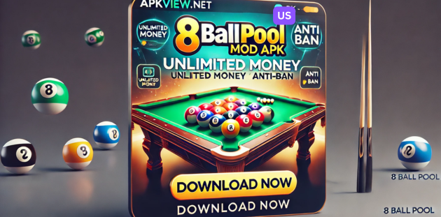 A promotional banner for 8 Ball Pool MOD APK featuring a stylish pool table with colorful balls, emphasizing "Unlimited Money" and "Anti-Ban" features for APKView.net.