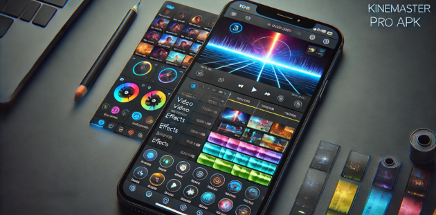 A detailed in-app screenshot of KineMaster Pro APK, showcasing its professional video editing interface with multiple layers and effects.